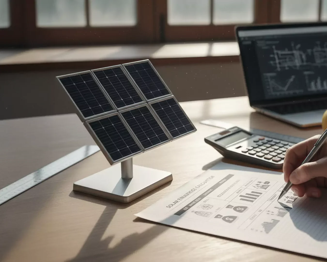 Eine Person arbeitet an einem Schreibtisch mit einem kleinen Solarmodell, einem Taschenrechner, einem Laptop mit technischen Zeichnungen, einem Lineal und einem Dokument mit Diagrammen und Tabellen zur Solarenergie. Sonnenlicht strömt durch die nahe gelegenen Fenster.