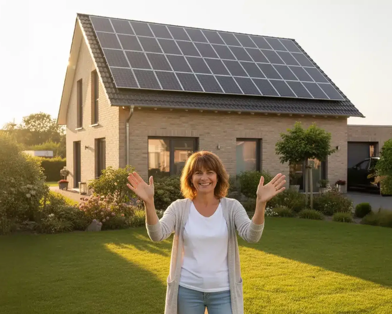 Eine lächelnde Frau steht an einem sonnigen Tag mit erhobenen Händen vor einem modernen Haus mit Sonnenkollektoren auf dem Dach, das von einem grünen Rasen und einem angelegten Garten umgeben ist.