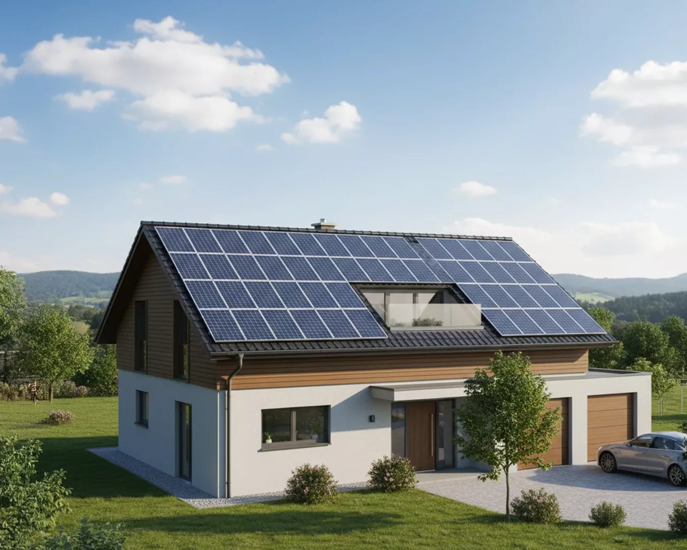 Ein modernes zweistöckiges Haus mit Sonnenkollektoren auf dem Dach, umgeben von grünem Gras, Bäumen und Hügeln unter einem blauen Himmel mit vereinzelten Wolken. Eine Auffahrt führt zu einer Garage auf der rechten Seite.