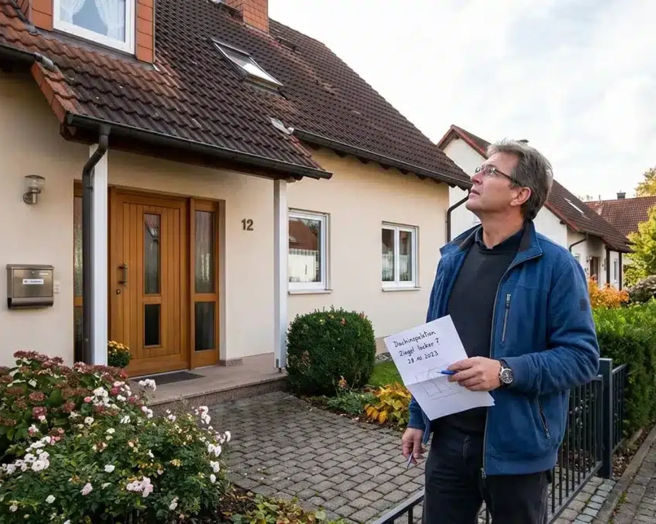 Ein Mann mit einem Zettel in der Hand steht auf dem Gehweg vor einem beigen Haus mit einer braunen Tür und schaut zum oberen Fenster des Hauses hinauf, vielleicht mit dem Gedanken: "PV-Anlage planen", während Blumen und Büsche den Gehweg an einem teilweise bewölkten Tag säumen.