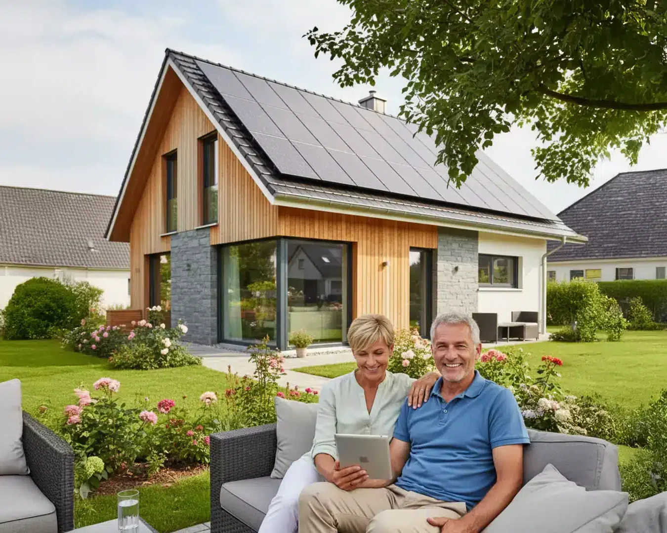 Ein lächelndes älteres Paar sitzt auf einem Sofa im Freien in einem sonnigen Hinterhof und hält ein Tablet in der Hand. Hinter ihnen steht ein modernes Haus mit Sonnenkollektoren auf dem Dach, umgeben von einem gepflegten Garten und Bäumen.