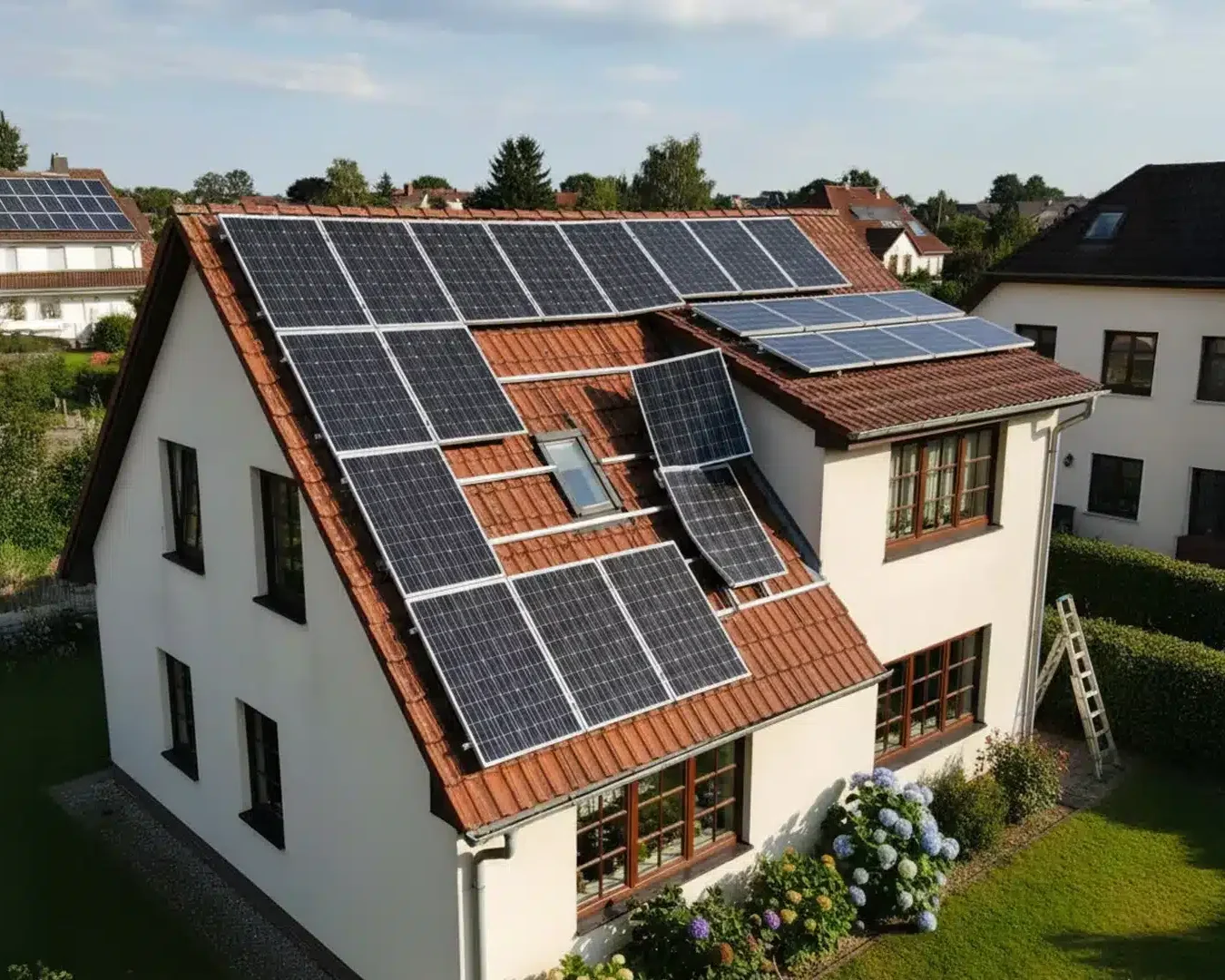 Ein zweistöckiges Haus mit einem roten Ziegeldach, das mit Sonnenkollektoren bedeckt ist, umgeben von grünen Rasenflächen und Gärten, wobei an einem sonnigen Tag die Nachbarhäuser und Bäume im Hintergrund zu sehen sind.
