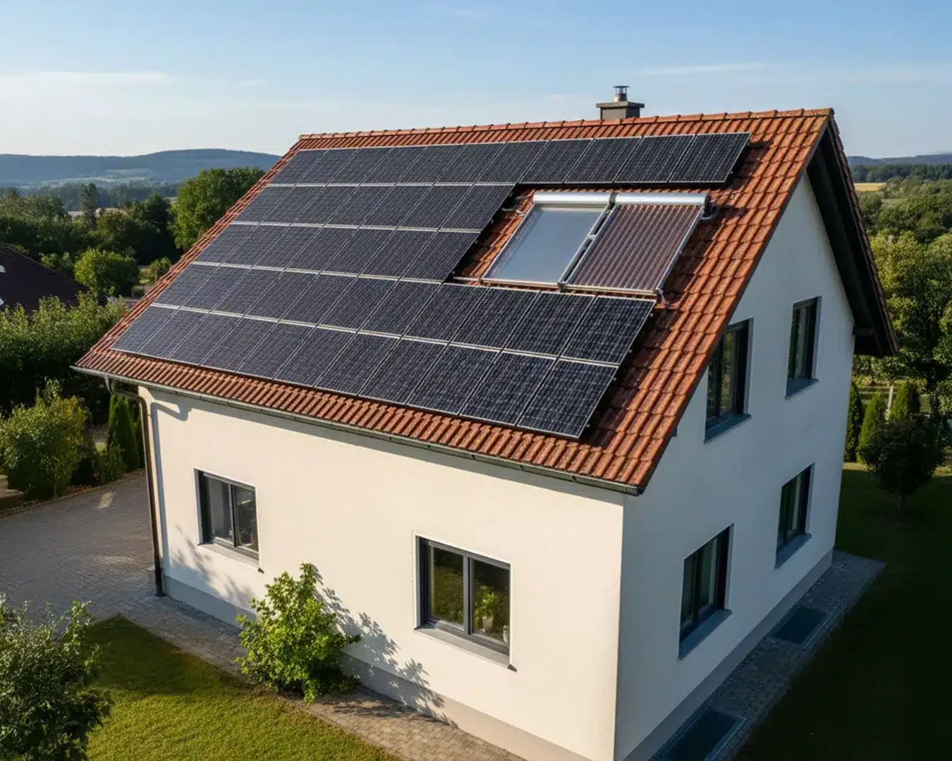 Ein modernes weißes Haus mit rotem Ziegeldach, das mit Sonnenkollektoren ausgestattet ist, umgeben von grünem Gras, Bäumen und Hügeln unter einem klaren blauen Himmel.