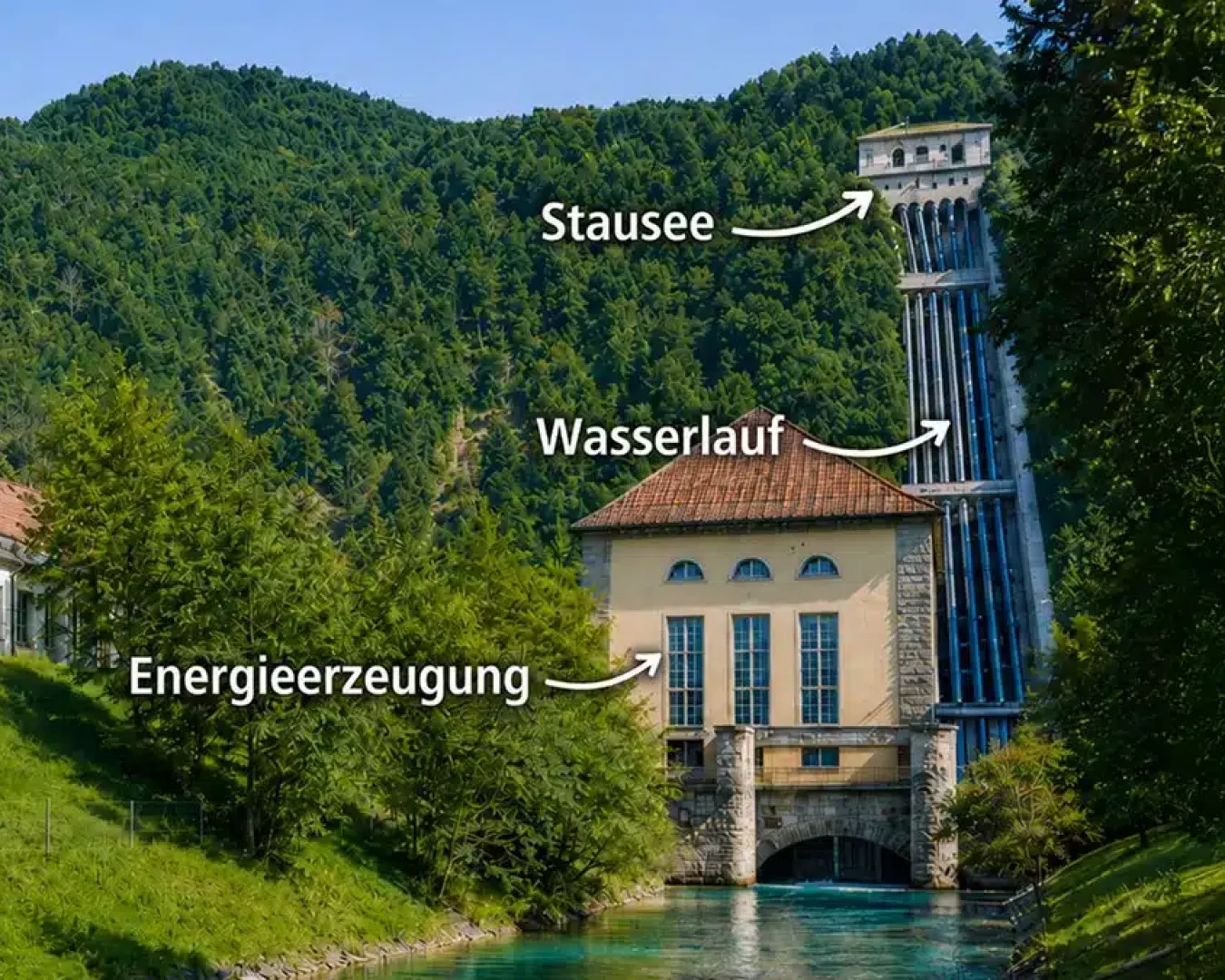 Ein Speicherkraftwerk in einem bewaldeten Tal, mit beschrifteten Pfeilen in deutscher Sprache, die auf Stausee, Wasserlauf und Energieerzeugung hinweisen.