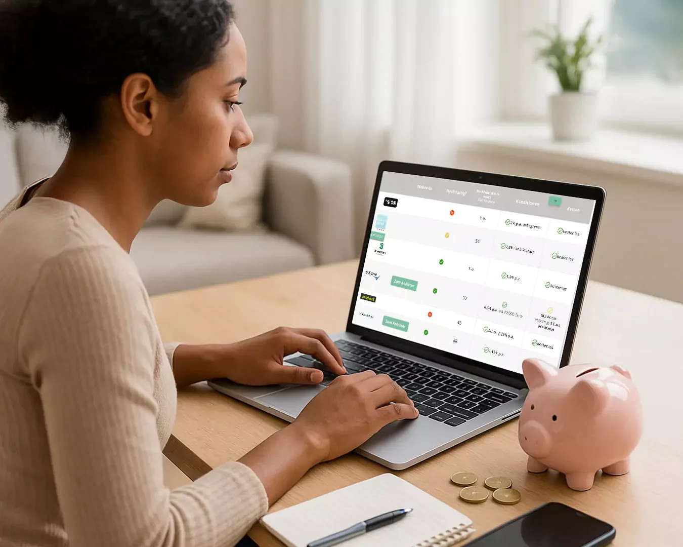 Eine Frau sitzt an einem Tisch mit ihrem Laptop, um eine Finanzübersicht und einen Tagesgeld-Vergleich zu überprüfen. Auf dem Tisch liegen ein rosa Sparschwein, ein Notizbuch, ein Stift und Münzen. Sie ist konzentriert, mit einem hellen Fenster und einem Sofa im Hintergrund.