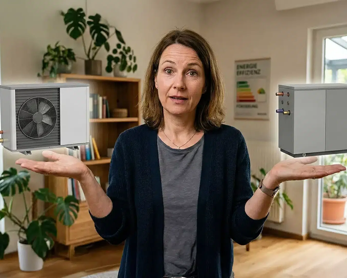 Eine Frau steht im Haus und streckt ihre Hände aus, über jeder Palme schwebt die Abbildung einer Wärmepumpe - eine einladende Szene, die nahelegt, warum Sie eine Wärmepumpe kaufen sollten, um ein helles, natürlich beleuchtetes Haus mit üppigen Grünpflanzen zu haben.