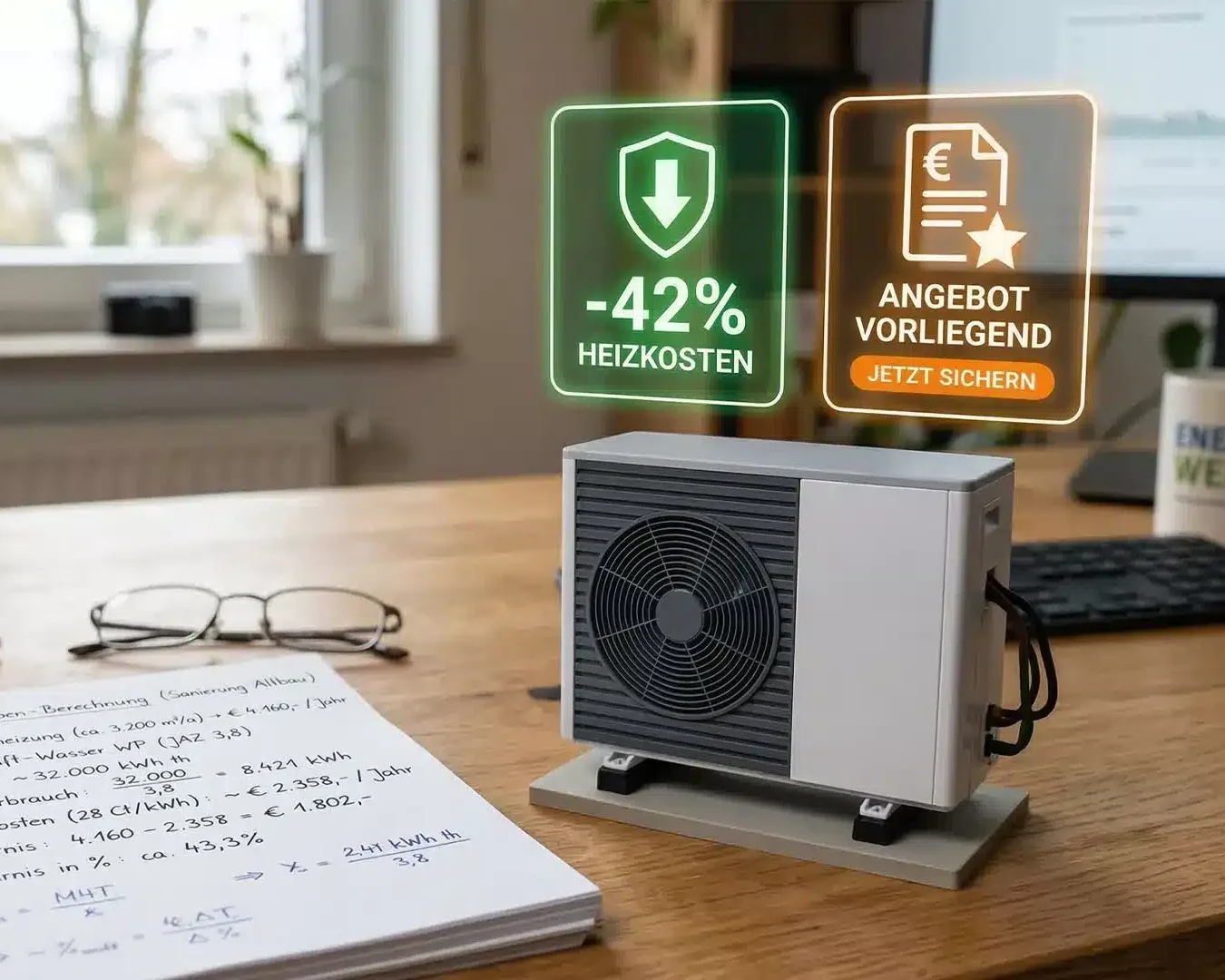 Ein kleines Wärmepumpenmodell liegt auf einem Schreibtisch, daneben ein Notebook, eine Brille und ein Stift. Schwebende Icons zeigen -42% Heizkosten und Angebot vorliegend, jetzt sichern. Im Hintergrund zeigt ein Computerbildschirm den Wärmepumpenrechner mit Diagrammen.