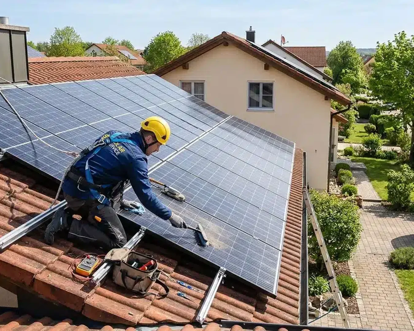 Ein Arbeiter mit Schutzkleidung installiert oder reinigt Solarmodule auf dem Dach eines Hauses in einem Vorort, während im Hintergrund an einem sonnigen Tag Häuser und Grünflächen zu sehen sind.