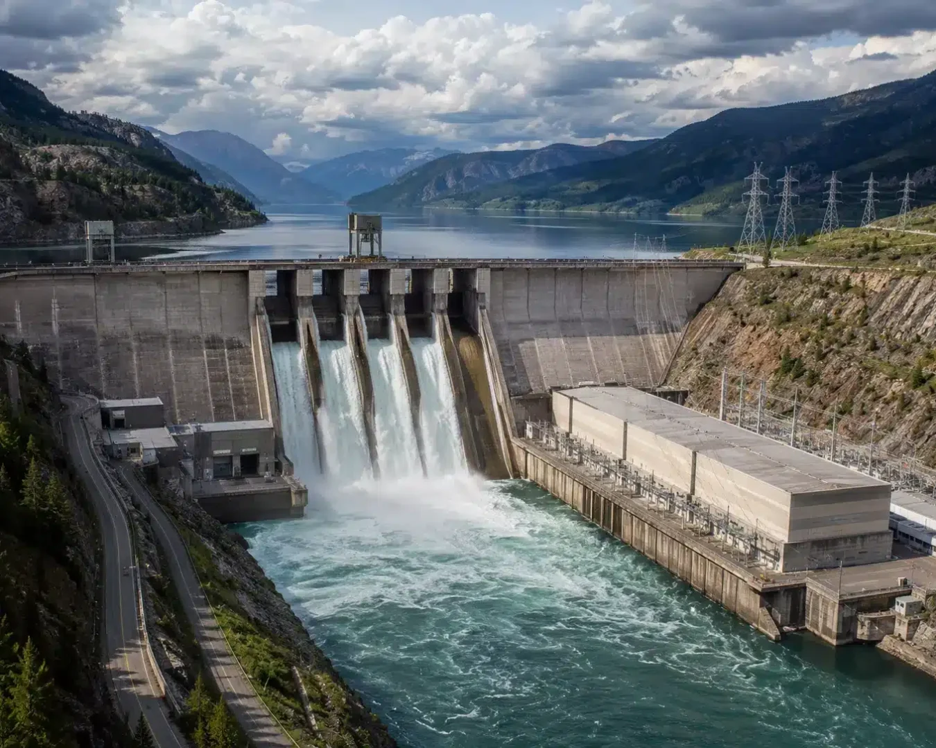 Ein großer Staudamm, an dem verschiedene Wasserkraftwerk-Arten zu sehen sind, lässt Wasser durch seine Überläufe in einen Fluss ab, der von Bergen und einem teilweise bewölkten Himmel umgeben ist.