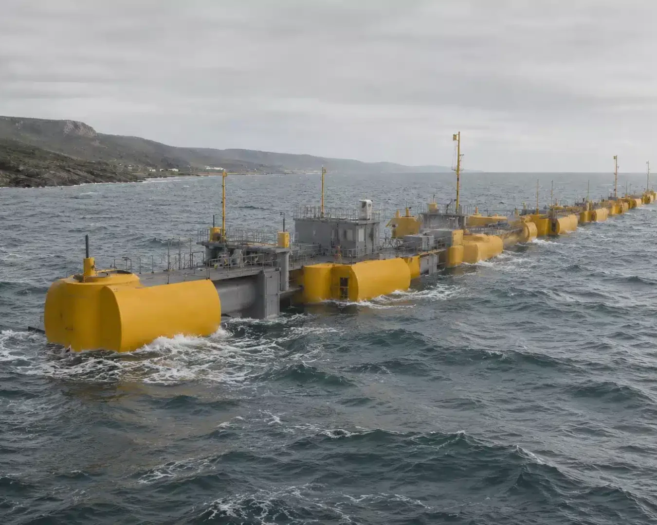 Eine lange Reihe großer gelber und grauer Wellenkraftwerk-Schwimmkörper liegt in kabbeligen Gewässern in der Nähe einer felsigen Küste unter einem bewölkten Himmel vor Anker.