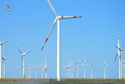 Ein Windpark auf flachem Gelände.