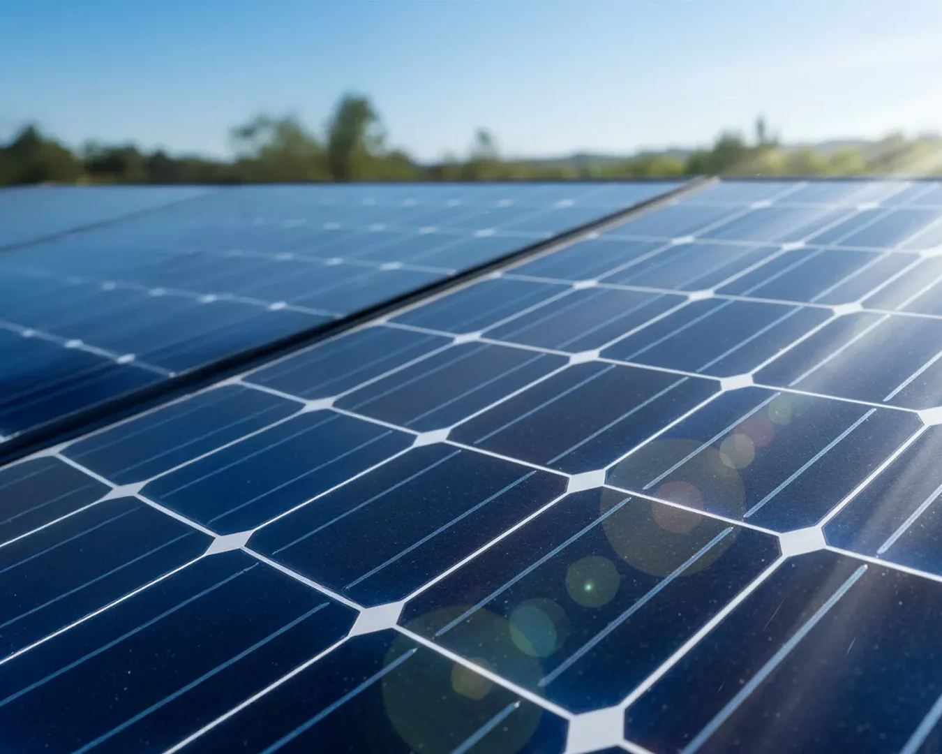 Nahaufnahme von glänzenden blauen Solarmodulen im hellen Sonnenlicht, mit Bäumen und blauem Himmel im unscharfen Hintergrund. Die Sonnenstrahlen erzeugen Linsenreflexe auf der Oberfläche der Paneele.